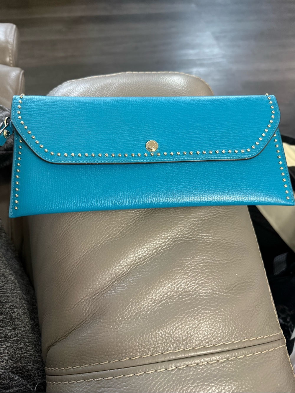 Henri Bendel Teal Stud-Trim Envelope Wallet Clutch - Picture 2 of 11